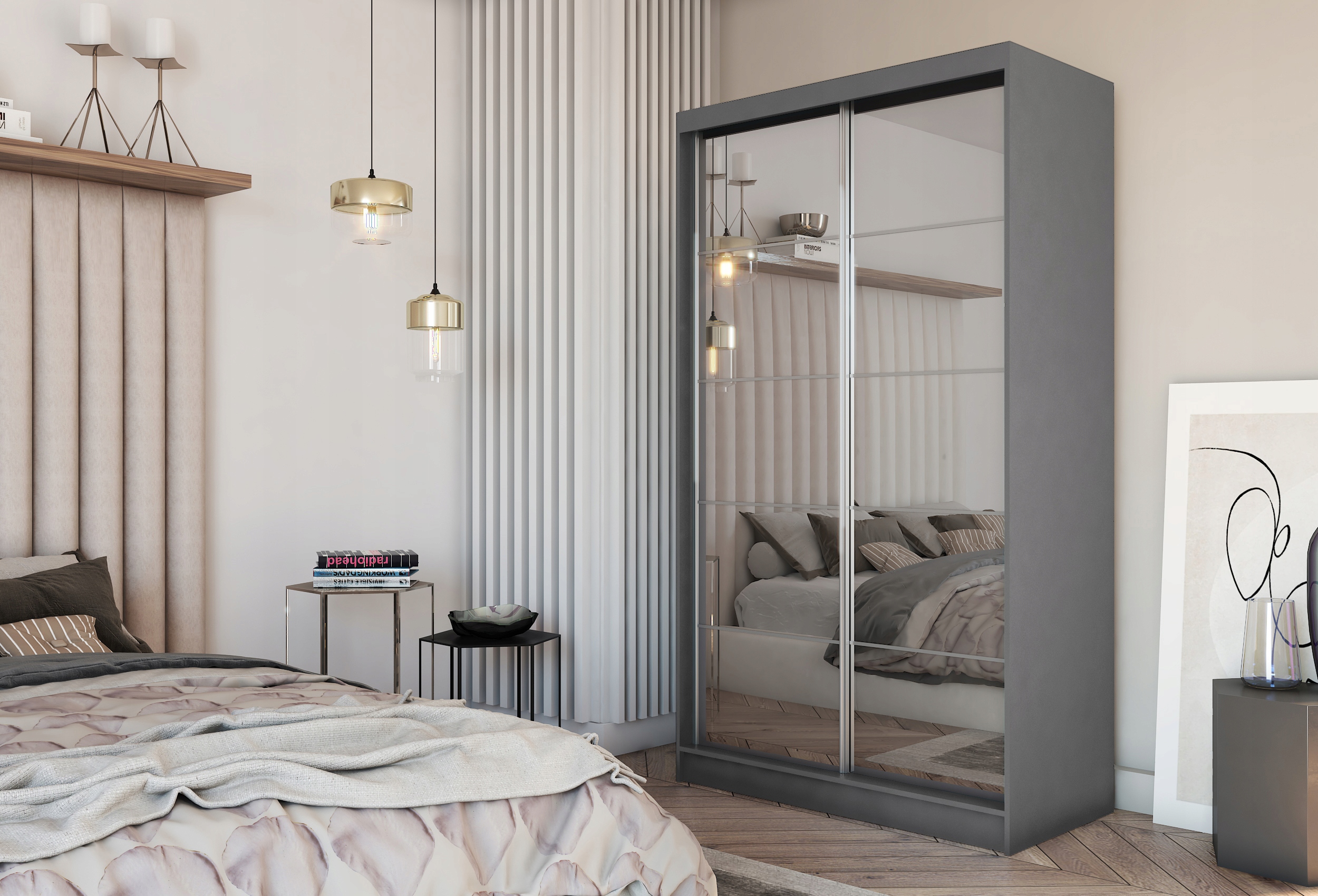 Skříň Dvoudveřová Fiorella 150 cm Skříň se zrcadlem Posuvné dveře Šedá