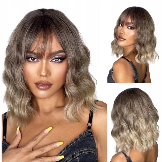 Paruka vlnitá Jako hnědá blond ombre Grzywka dámské vlny
