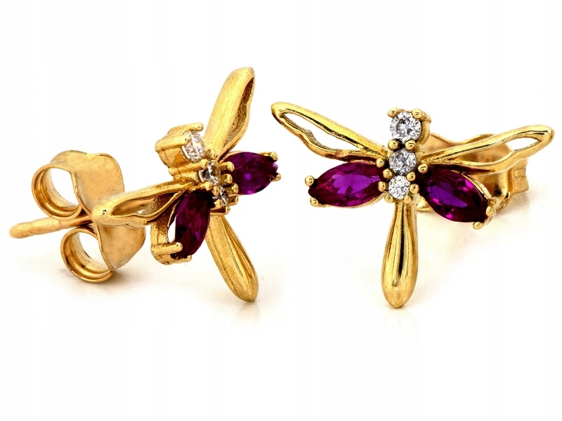 Zlaté náušnice 585 14 kt vážky s červenými kameny 1.39 g na tyči