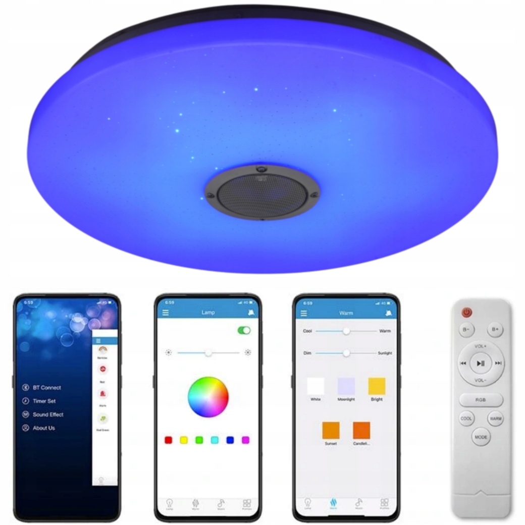 LAMPA PLAFON LED RGB 72W KOLORY GŁOŚNIK BLUETOOTH PILOT APLIKACJA TELEFON
