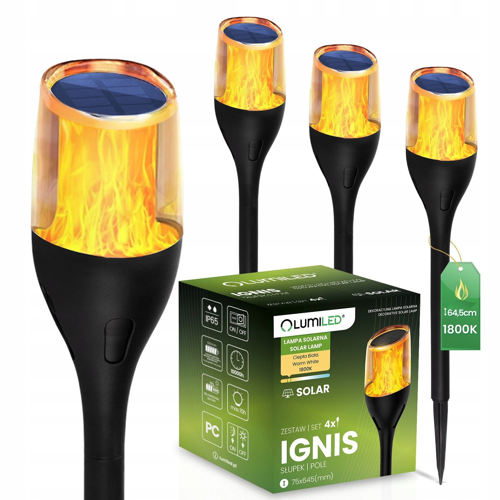 4x Lampa Solarna Led Wbijana Słupek Efekt Płomień Pochodnia Ogień Premium