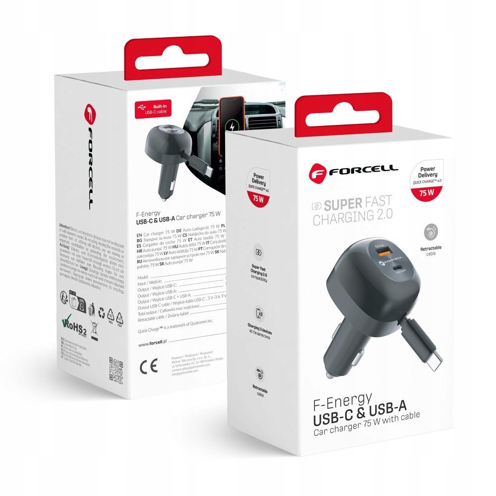 Ładowarka samochodowa Forcell F-Energy Alu Usb C Usb A zwijany kabel Usb