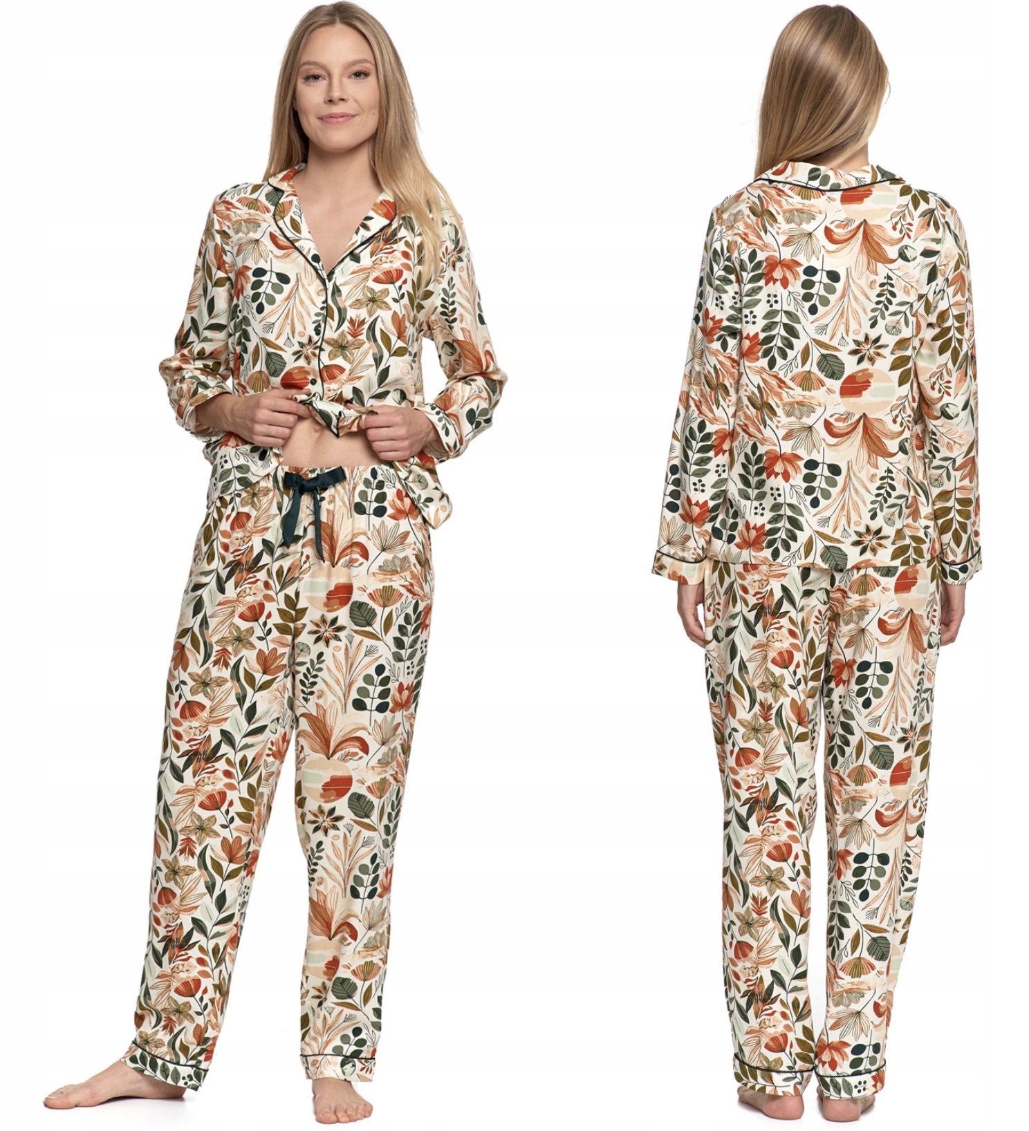 Piżama Damska Dwuczęściowa Długa Rozpinana Wiskoza Kołnierzyk Moraj XL