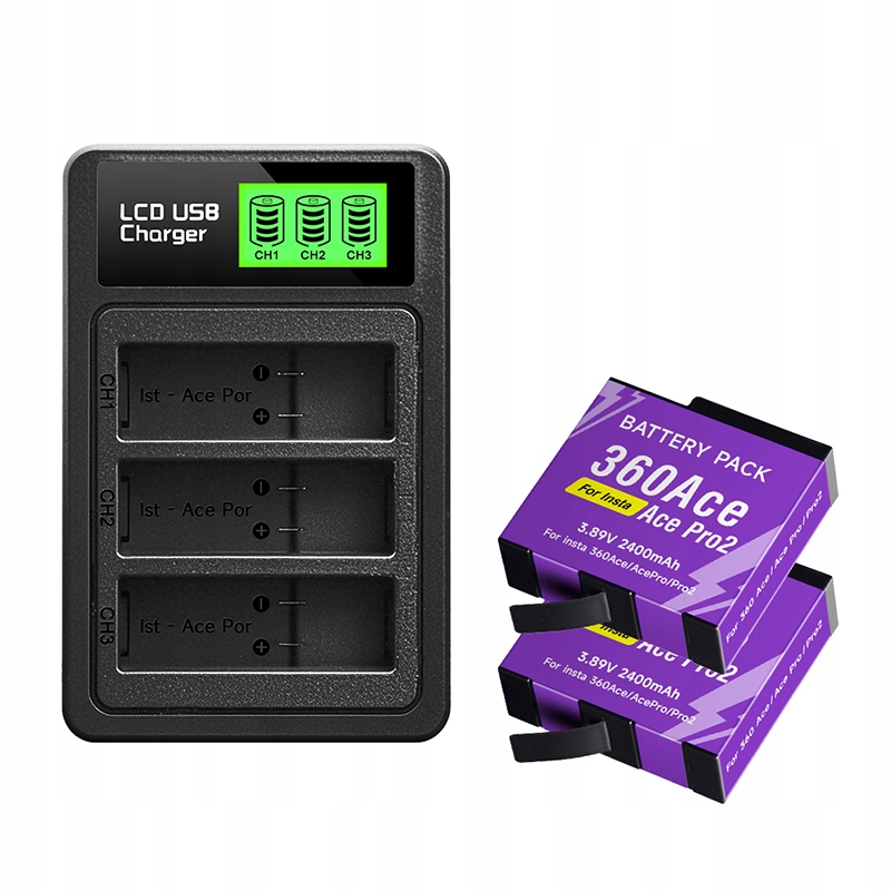 2x Baterie pro Insta360 Ace LCD Nabíječka se 3 sloty pro Insta 360 Ace Pro Pro2