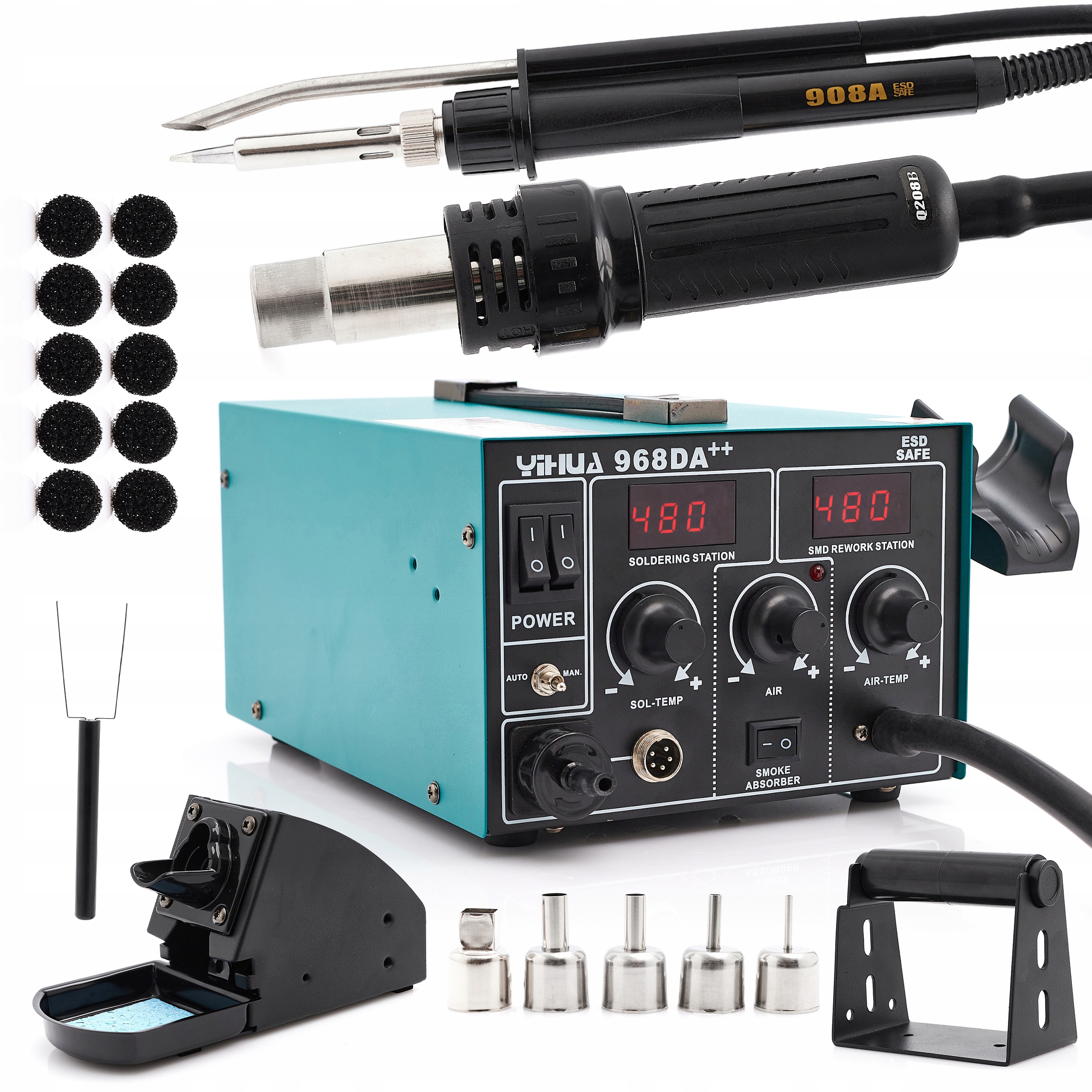 Stacja Lutownicza 3W1 Lutownica Hot Air Odciąg Oparów Yihua 968DA++ 780W