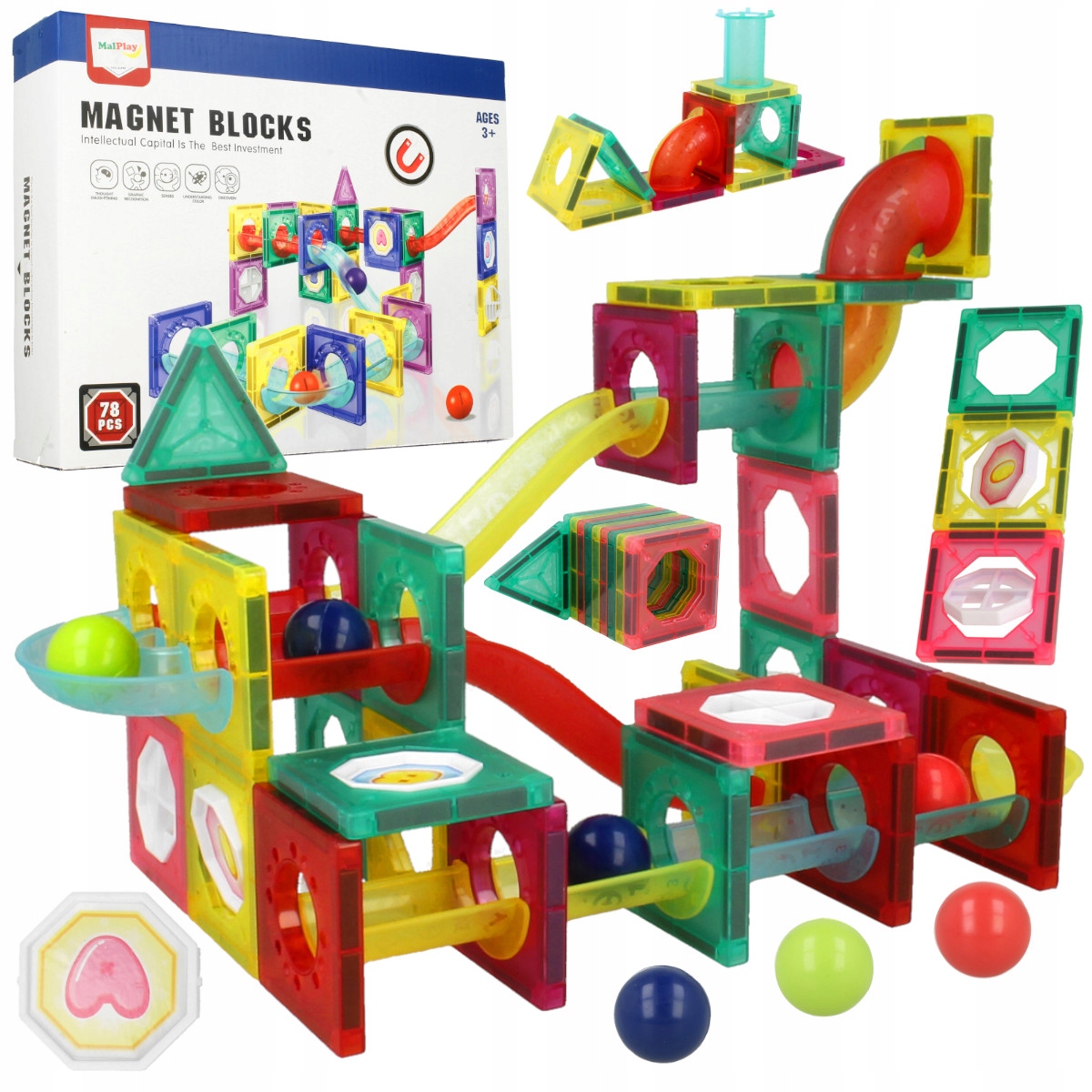 DUŻE KLOCKI MAGNETYCZNE KONSTRUKCYJNE Tor Zjeżdżalnia Labirynt 78 elementów Nazwa Zestaw klocki magnetyczne