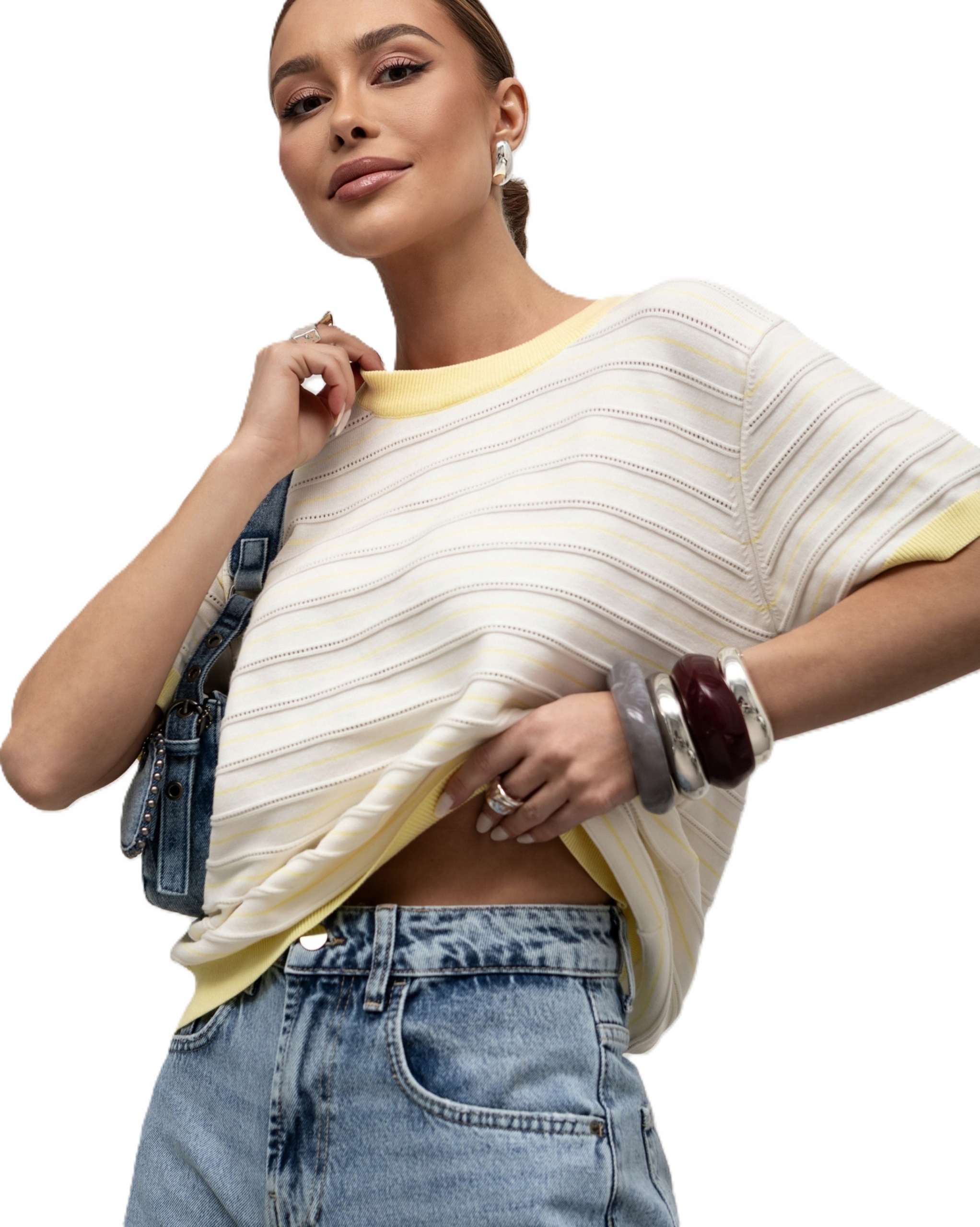 Cocomore Svetr Ažurová halenka s pruhy Bílá Žlutá Novinka