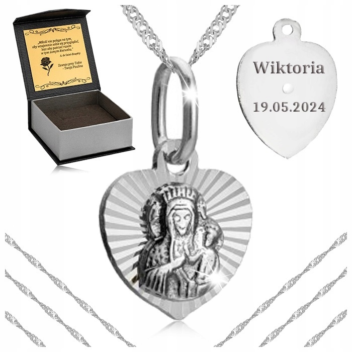 Stříbrný Řetízek Medailonek Matka Boží 925 Gravírování Dlouhý Náhrdelník 70 CM