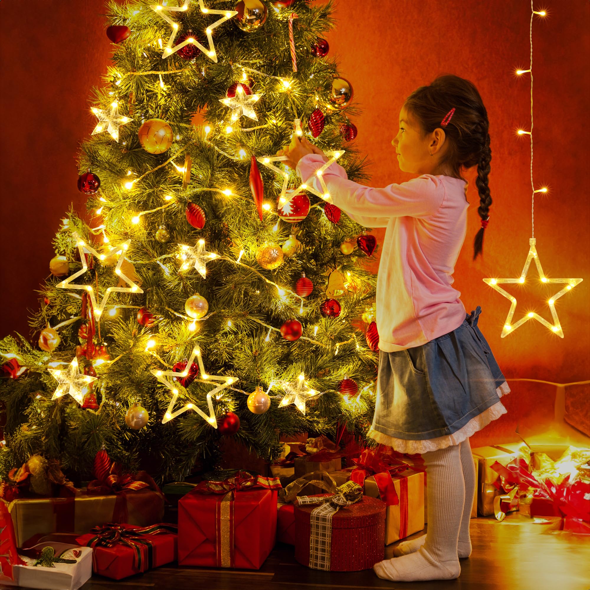 ISHABAO Kurtyna Świetlna Gwiazdy Girlanda Świąteczna Z Timerem 138 LED — miniatura 7