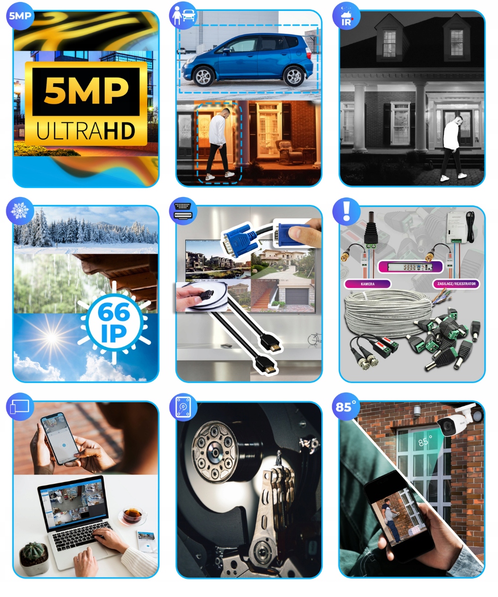 Zestaw monitoringu 5Mpx HiLook 4 kamery monitoringu zewnętrzny Model TVICAM-T5M KAMERA ZEWNĘTRZNA 5MPx ANALOGOWA