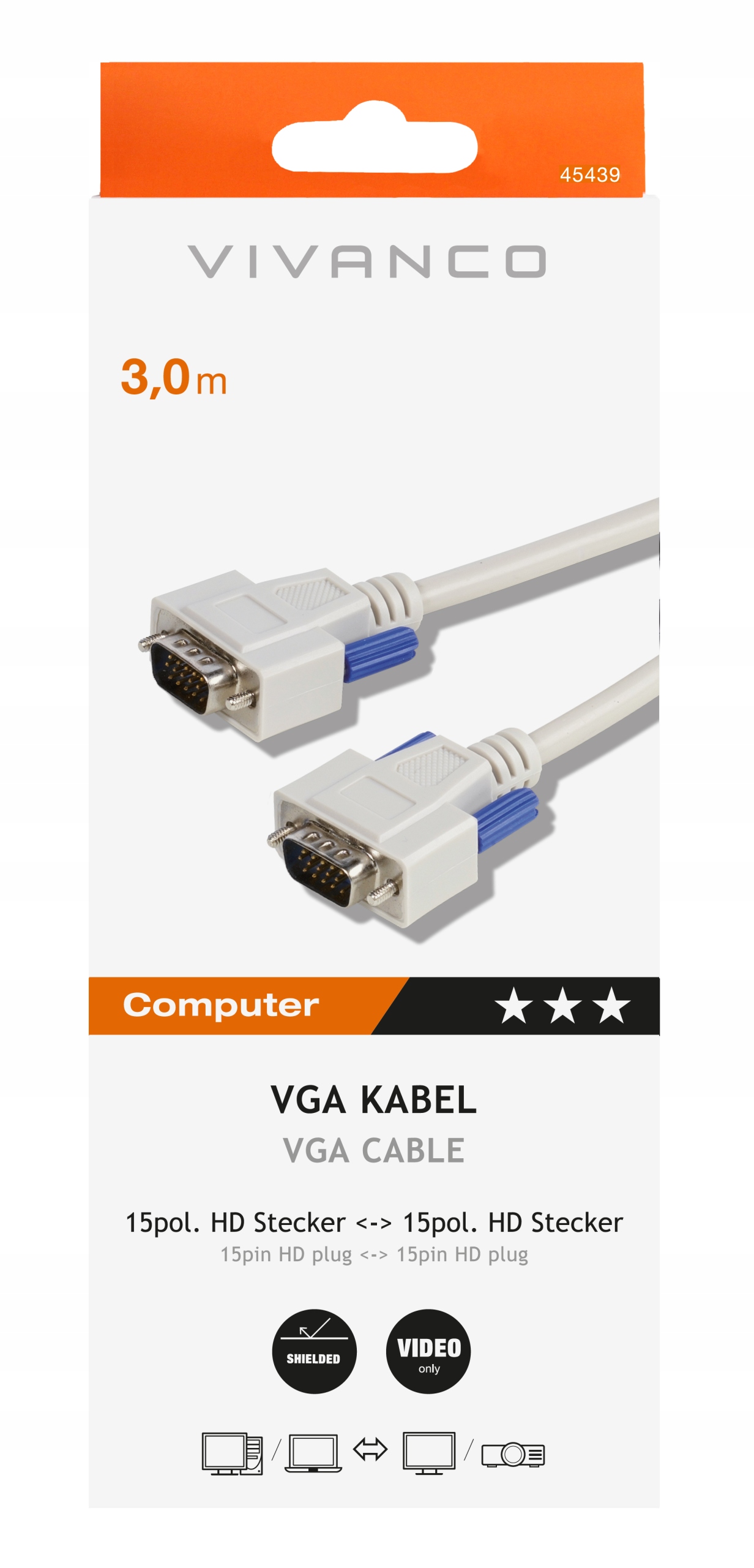 Kabel D-Sub - D-Sub (VGA - VGA) 3m 15pin HD Najwyższa Jakość VIVANCO Marka Vivanco