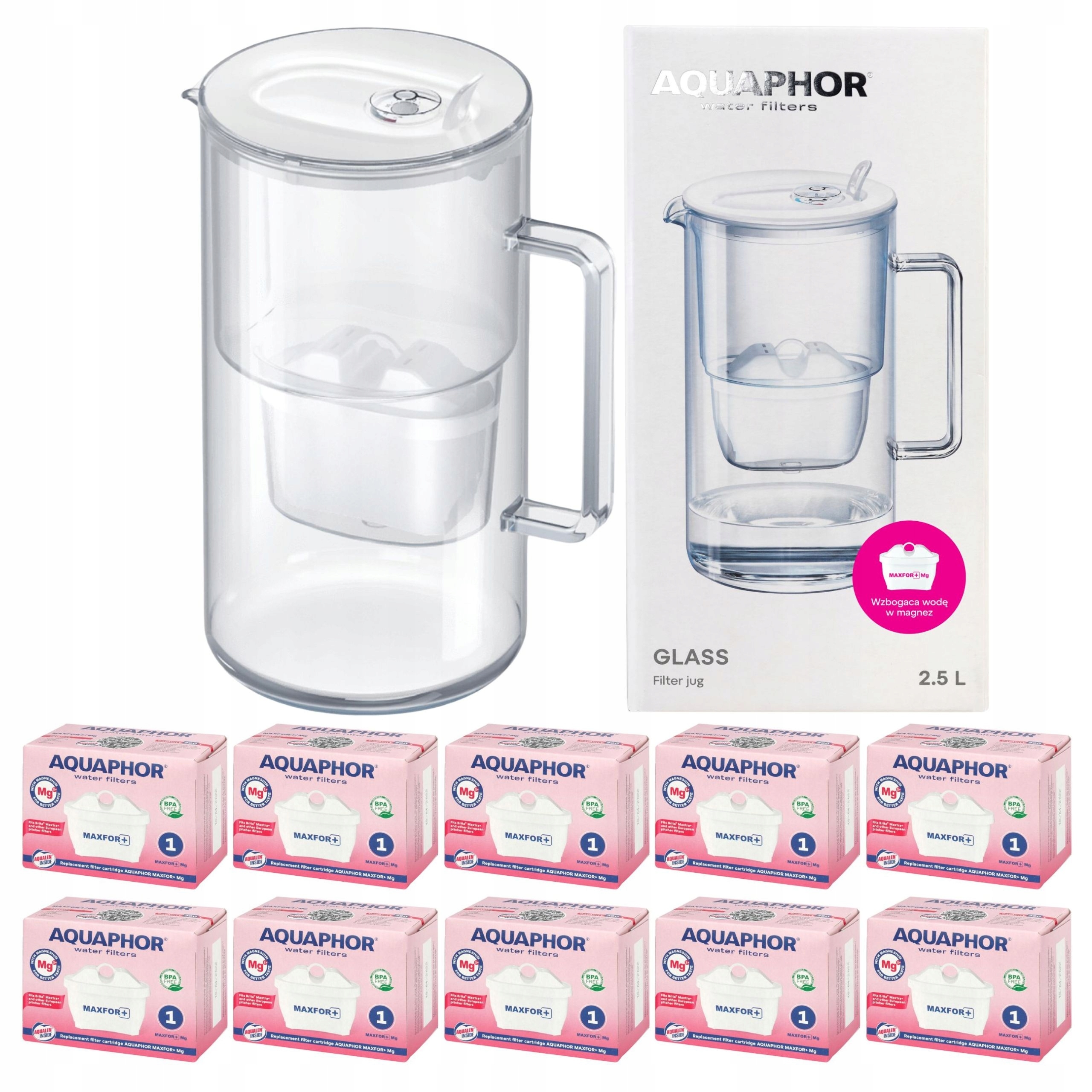 Skleněná filtrační konvice na vodu Aquaphor Glass bílá 10 filtrů MaxforMg