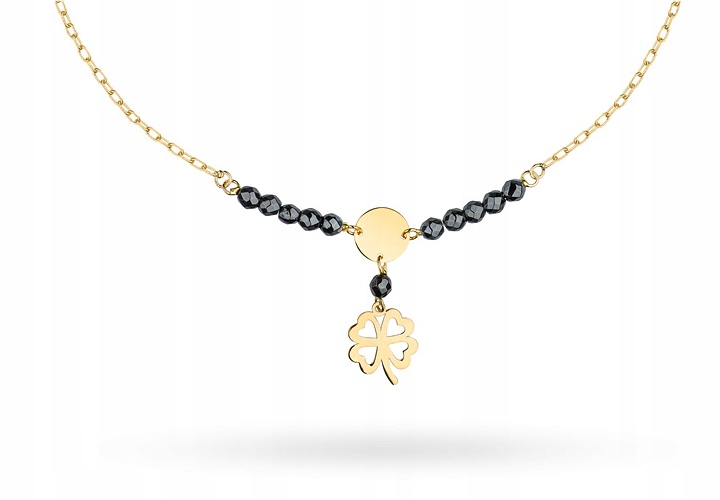 Zlatý Náramek Dámský pr. 585 14k Černé Korálky a Květina Krabička