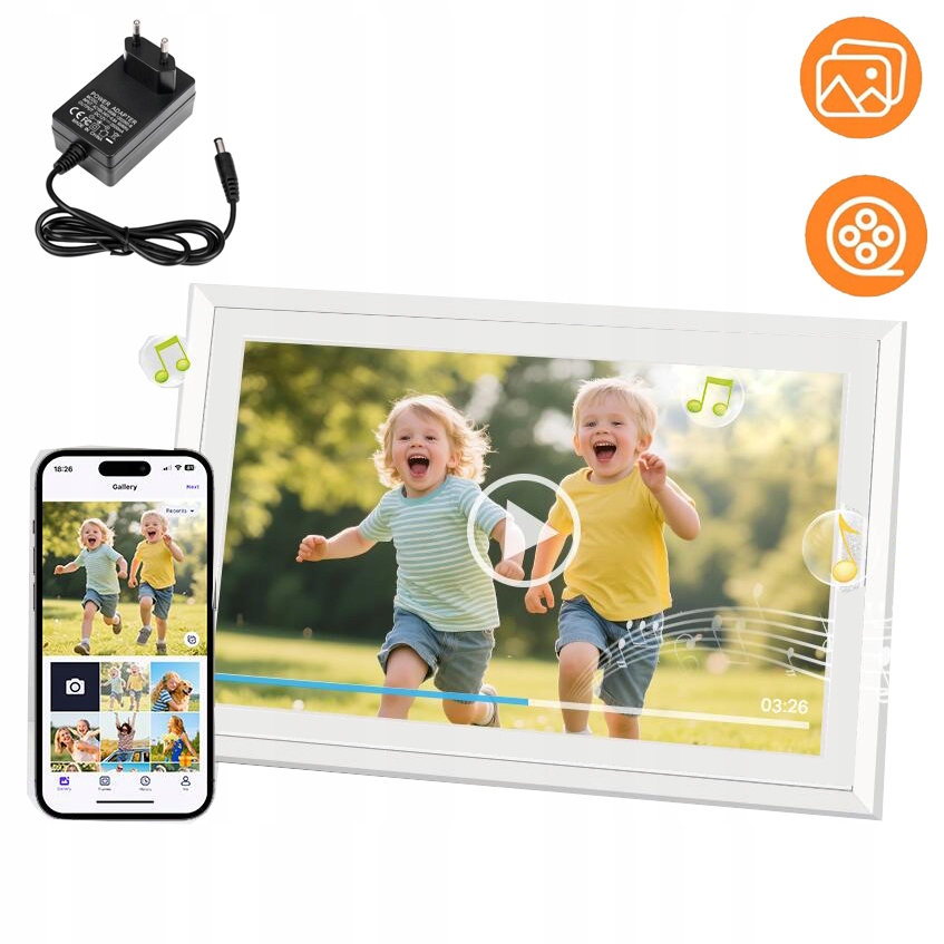 15,6" Digitální Fotorámeček 32GB Paměť Bílý Wifi Elektronický Fotorámeček