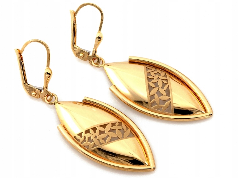 Náušnice zlaté 585 dlouhé závěsné s ažurovým vzorem, anglické jako dárek