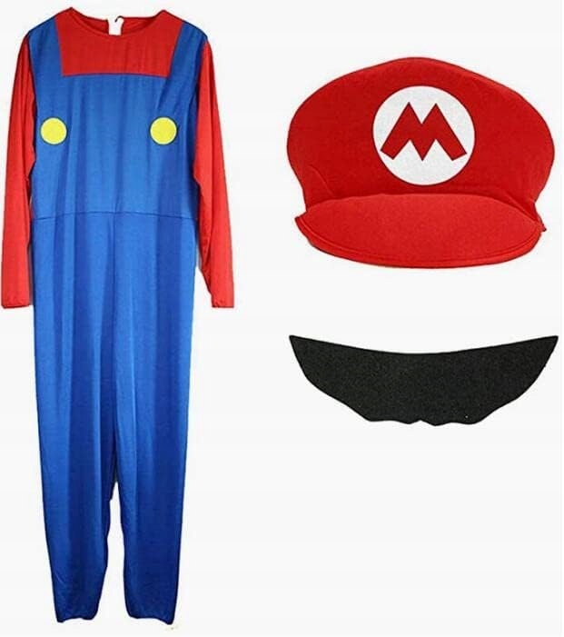 Kostium Super Mario Luigi Strój Męski Kombinezon Czapka Wąsy L Rozmiar L