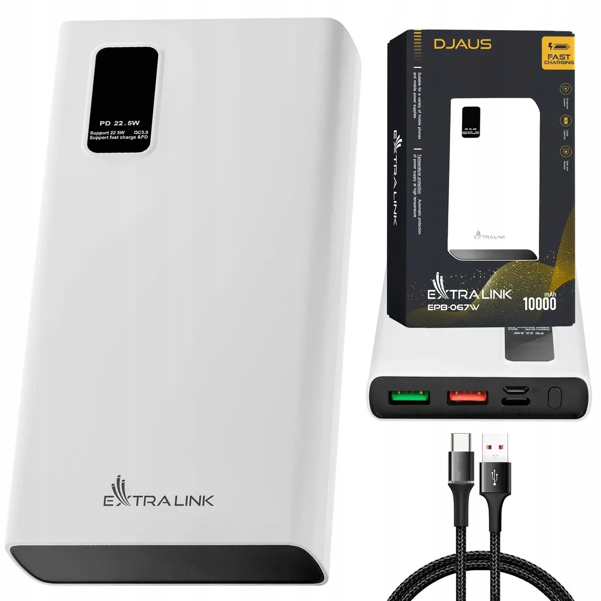Extralink Epb- 067W 10000mAh Biały Powerbank Power bank, Fast Charging, C