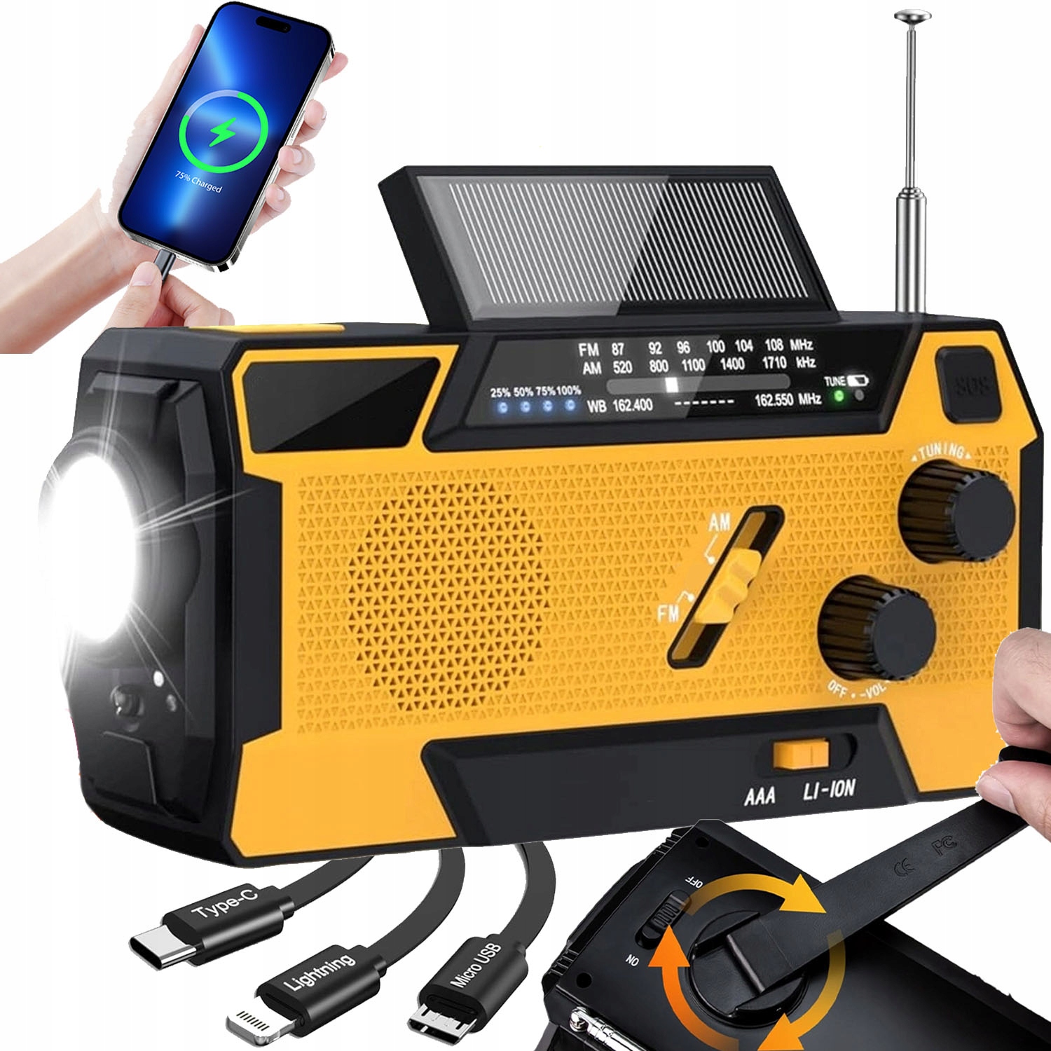 Přenosné solární rádio na kliku, nouzové světlo, alarm Sos 2000 mAh Am Fm