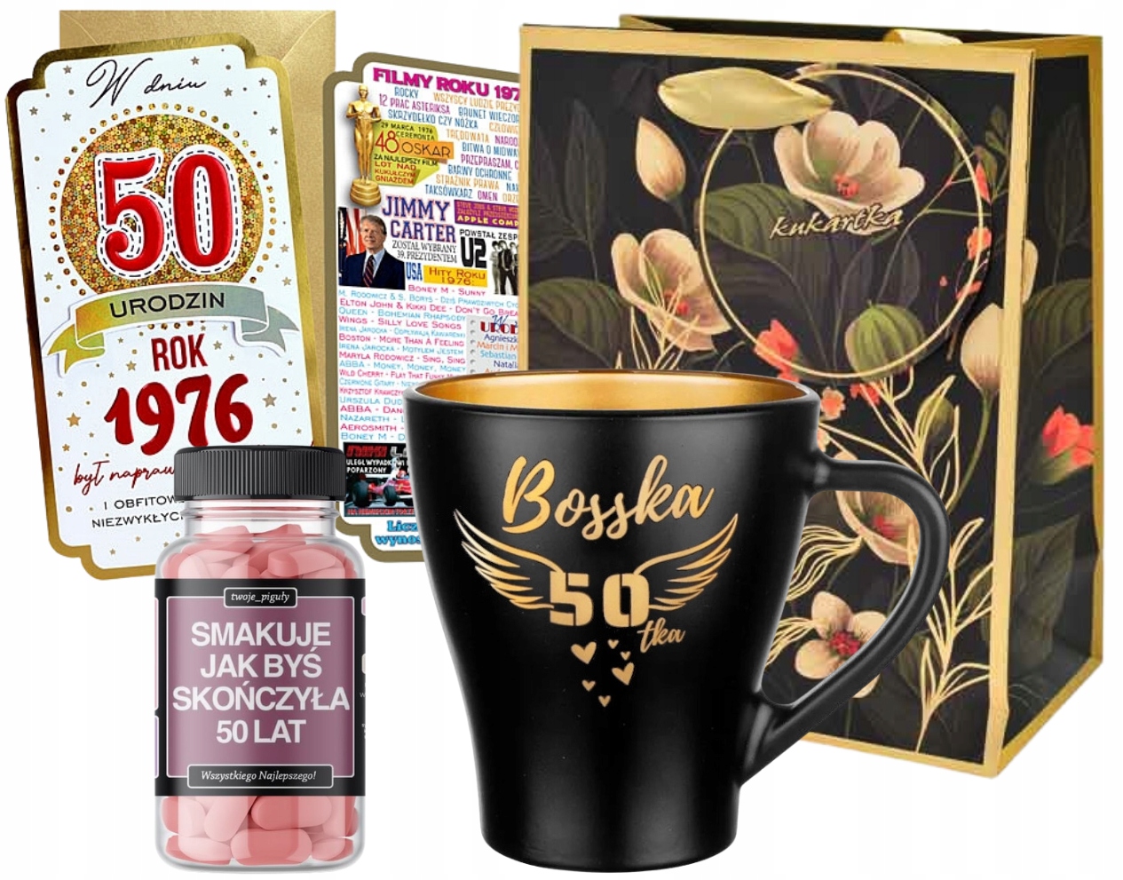 Gotowy Zestaw Prezentów na 50 Urodziny dla Niej Kubek Gadżet Kartka Torebka