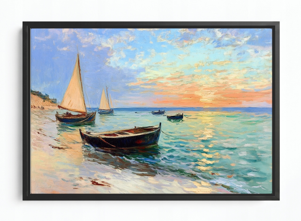 Obraz Rám Americká Krajina Moře Pláž Lodě Plachetnice Západ 60x40