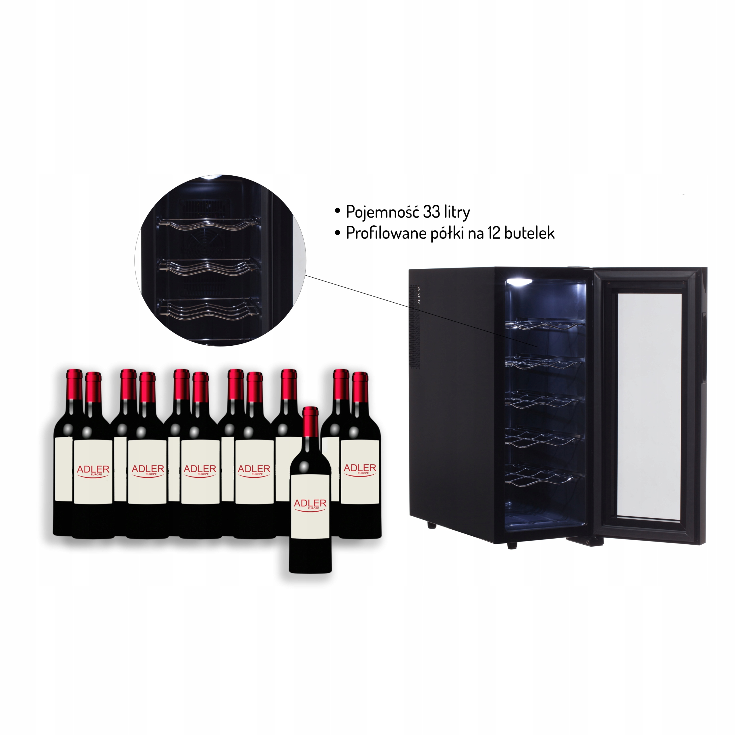 Spiżarka do Napojów AD 8083 – Elegancka i Cicha, 33L, 12 Butelek