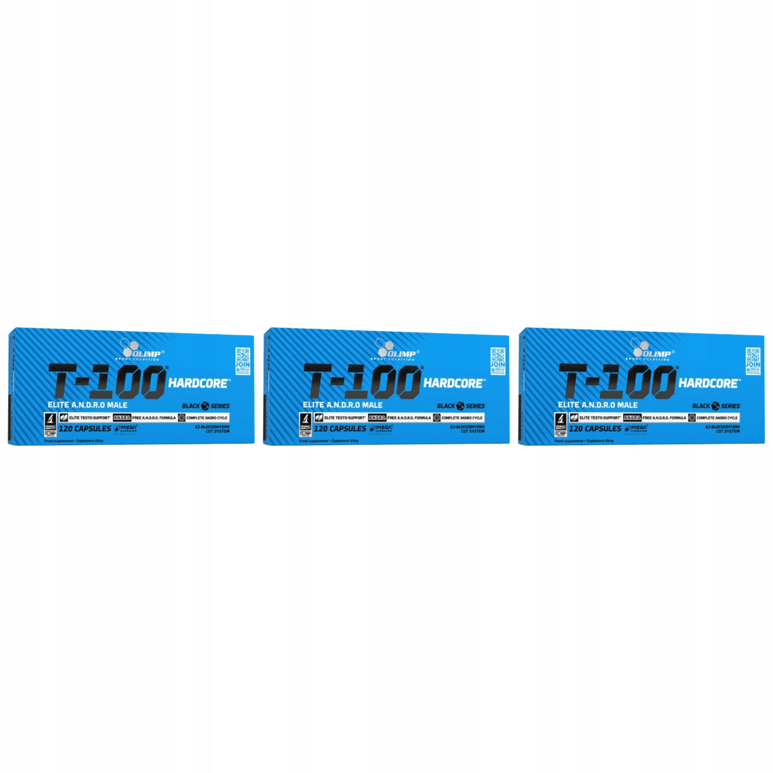3x Testosteron Booster T-100 Hardcore 120 kapslí Síla Hmotnost Zinek Olimp