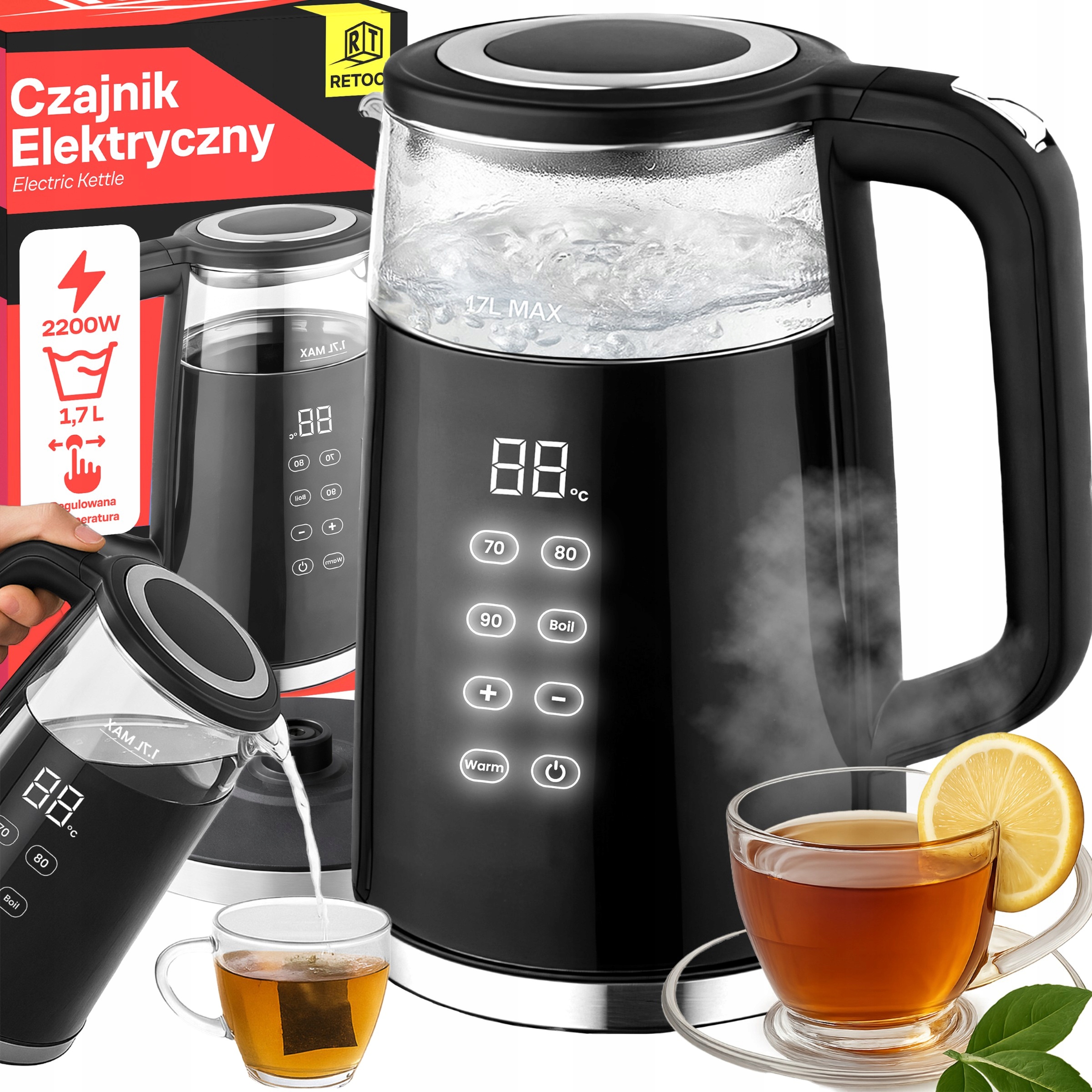 Czajnik Elektryczny Bezprzewodowy 1,7L 2200W Szklany Regulacja Temperatury