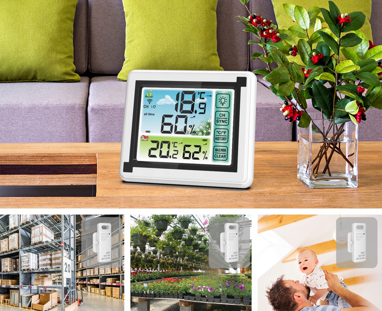 BEZPRZEWODOWA STACJA POGODY METEOROLOGICZNA HIGROMETR + 3 CZUJNIKI Komunikacja bezprzewodowa