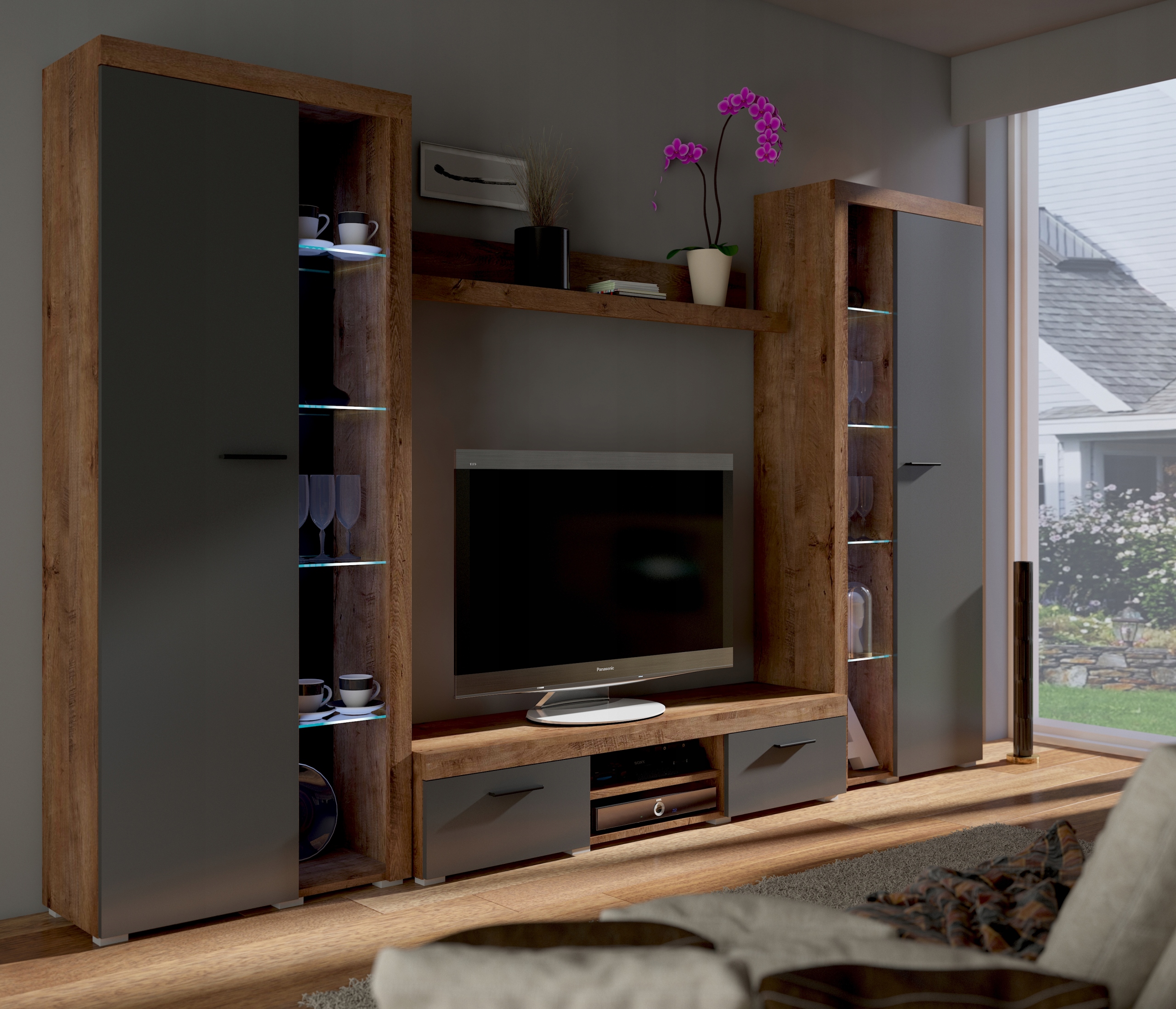 Meblościanka do Salonu Rumba XL Dąb Lefkas/Grafit