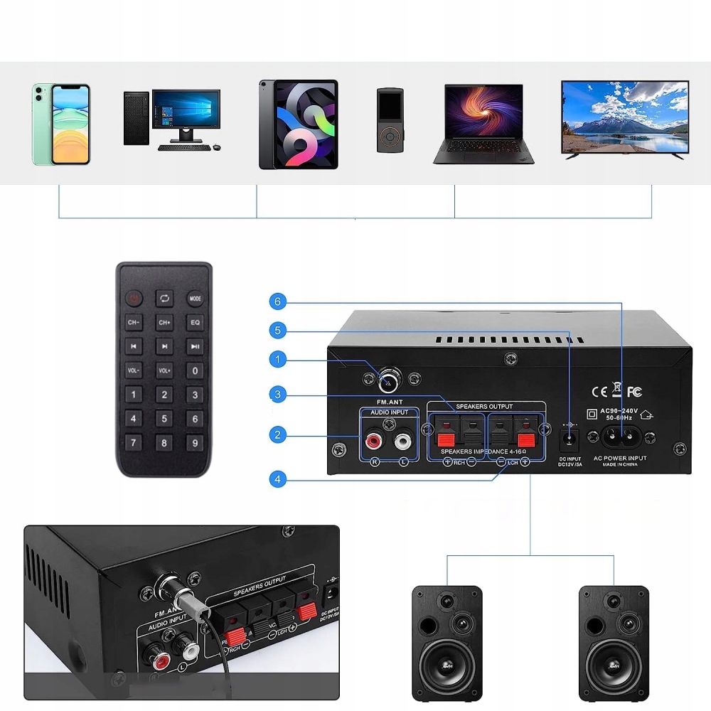 AMPLITUNER AK45 WZMACNIACZ HIFI STEREO SURROUND BLUETOOTH 5.0 USB 40W+PILOT Kod producenta wzmacniacz bluetooth