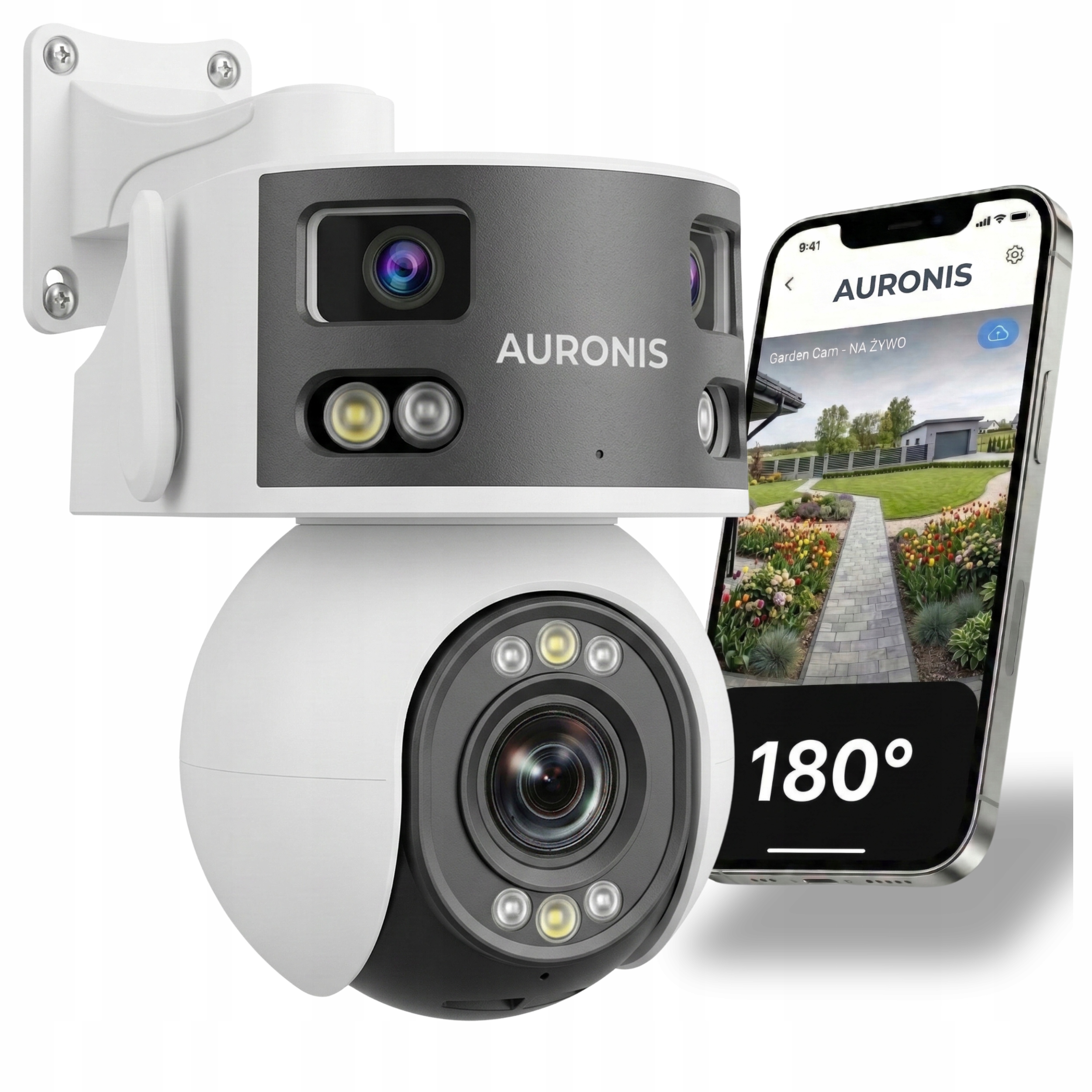 KAMERA ZEWNĘTRZNA WIFI OBROTOWA POTRÓJNA 3 OBIEKTYWY 180° PANORAMA ALARM