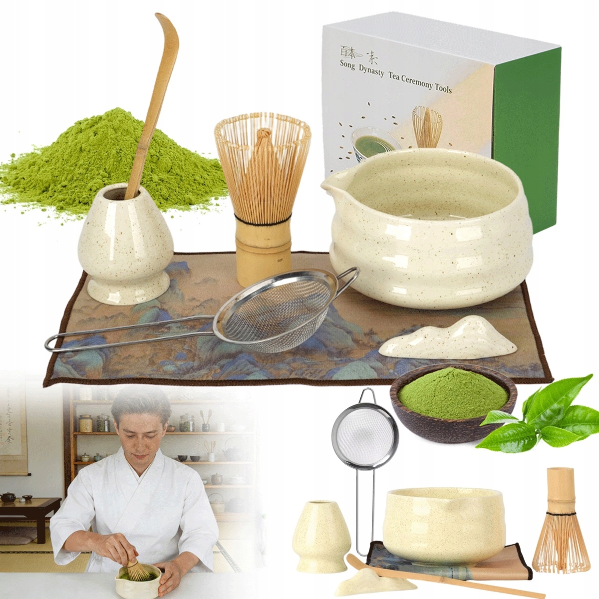 7 Elementów Zestaw Do Matchy Ceramiczny Z Bambusową Chasen