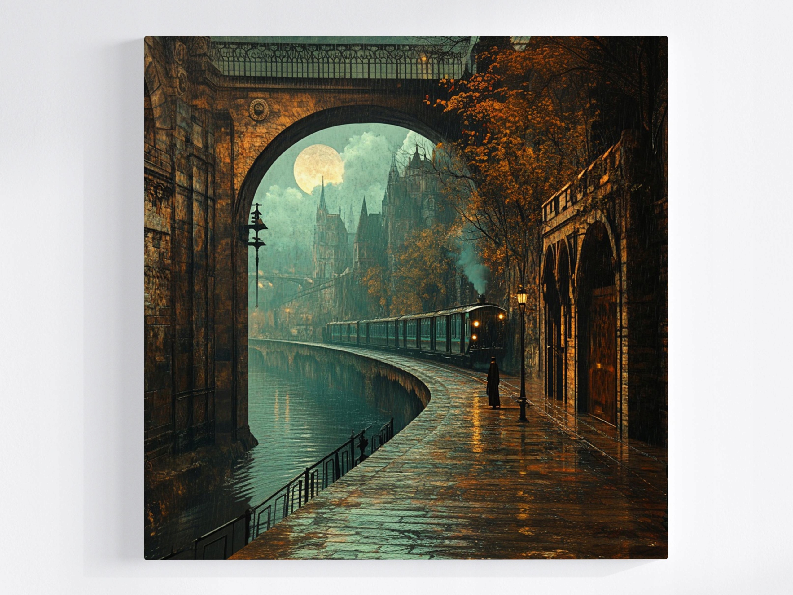 Obraz Na Plátně Canvas Město Noc Měsíc Železnice Vlak Podzim Liják 80x80