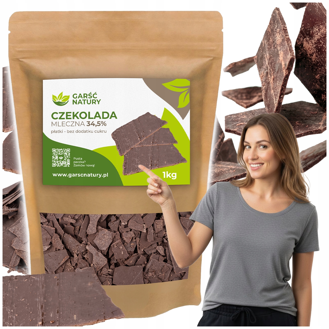 Czekolada Mleczna Bez Cukru Z Maltitolem 1000g 34,5% Intensywna Płatki 1 kg