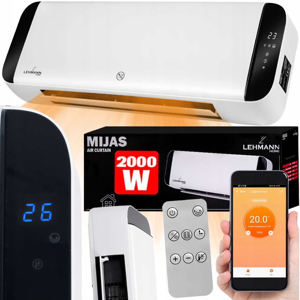Vzduchová Clona Elektrický Ohřívač Termoventilátor Wi-Fi 2000W Dálkové Ovládání