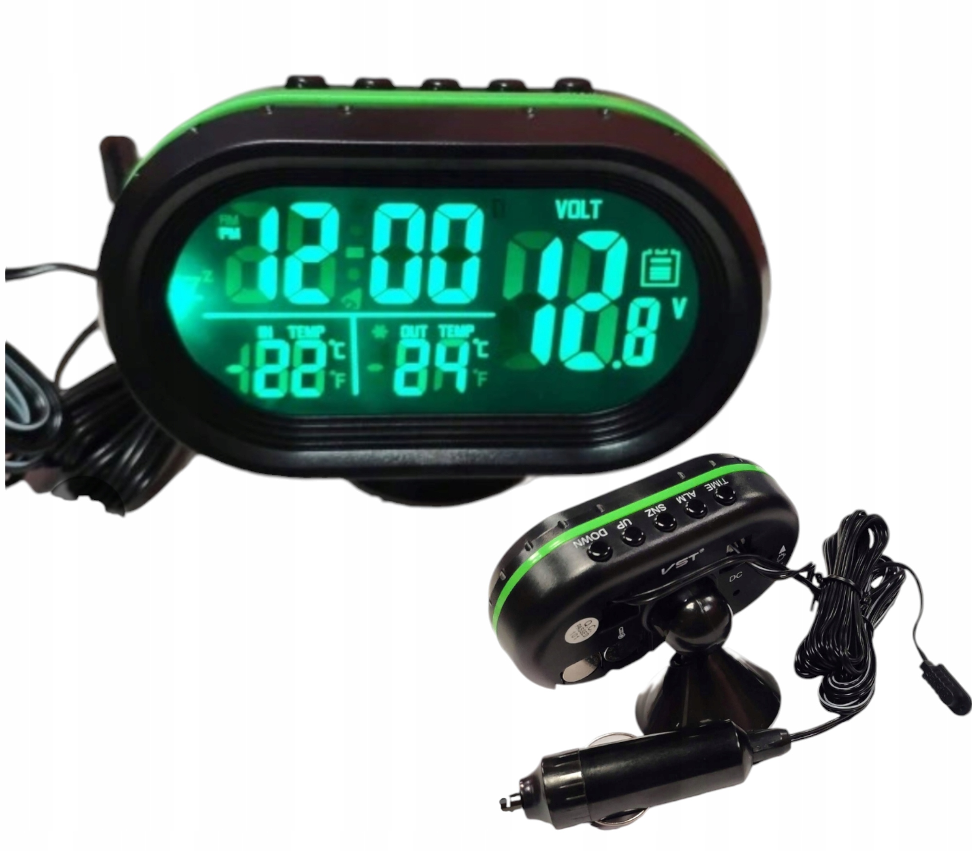 Termometr samochodowy stacja pogody 12V woltomierz- zielony czerwony