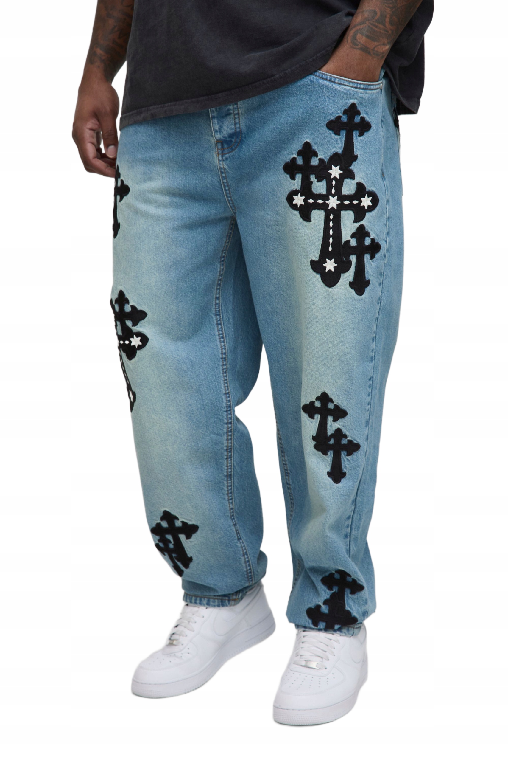 Boohooman Džíny Plus Size Volné Modré S Nášivkami Kříž 40 Z3A