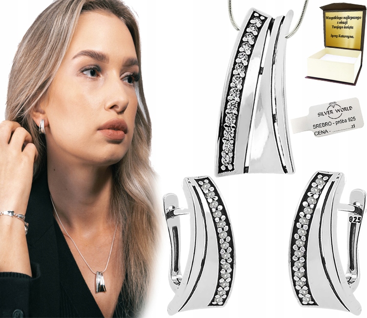 Stříbrná Sada Šperků Elegantní Krásné Zirkony Swarovski Gravírování