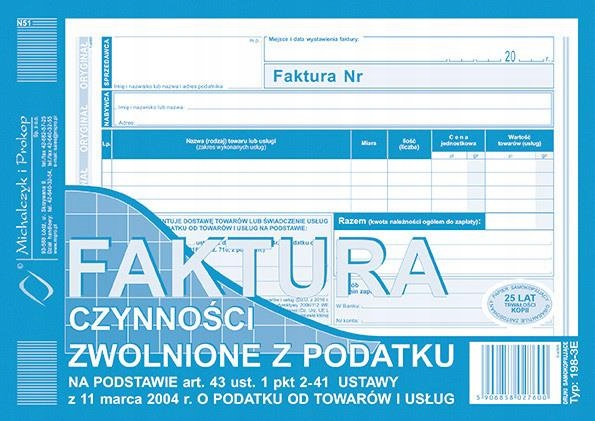 

Faktura czynności zwolnione z podatk A5 MiP 198-3E