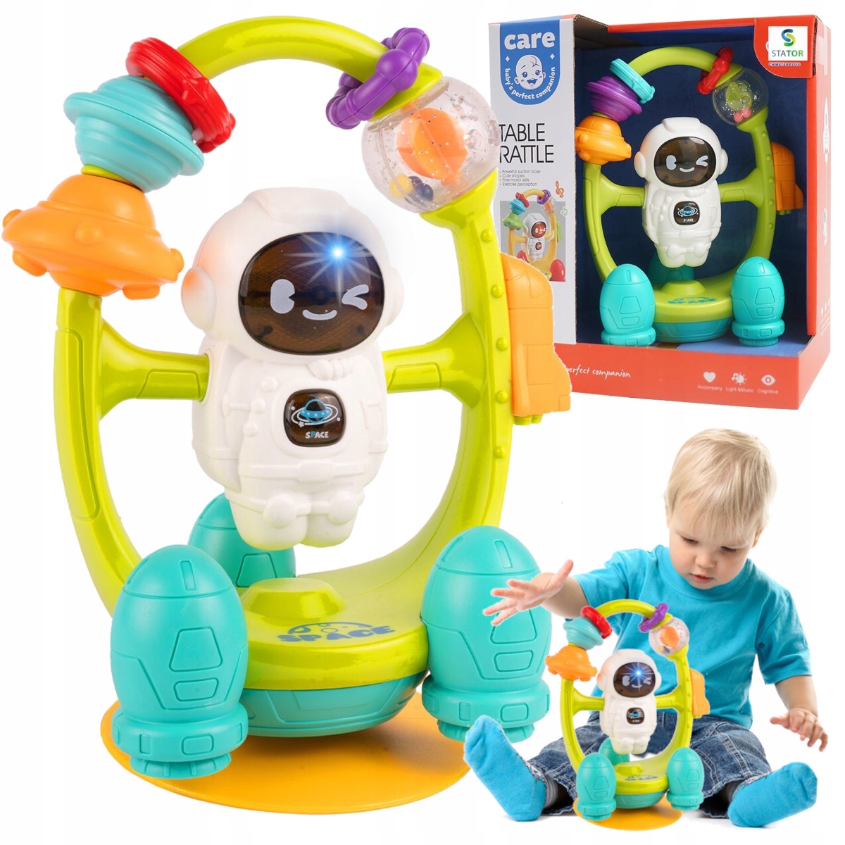 ZABAWKA SENSORYCZNA GRZECHOTKA Z PRZYSSAWKĄ SPINNER MUZYKA ŚWIATŁA roczek