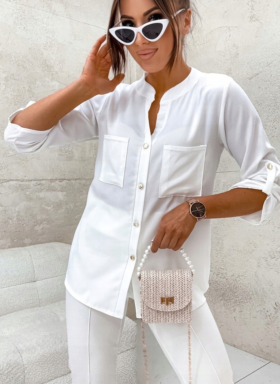 DAMSKA ELEGANCKA BLUZKA KOSZULA LUŹNA OZDOBNE GUZIKI PL PRODUCENT BIAŁA M Kolor biały