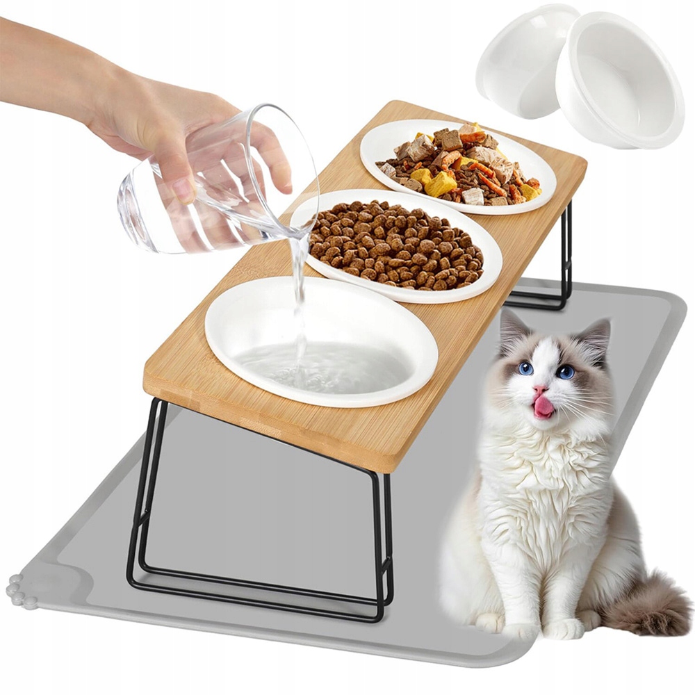 Levně Sada 3 Keramických Misek Pro Psa A Kočku S Podstavcem A Silikonovou Podložkou