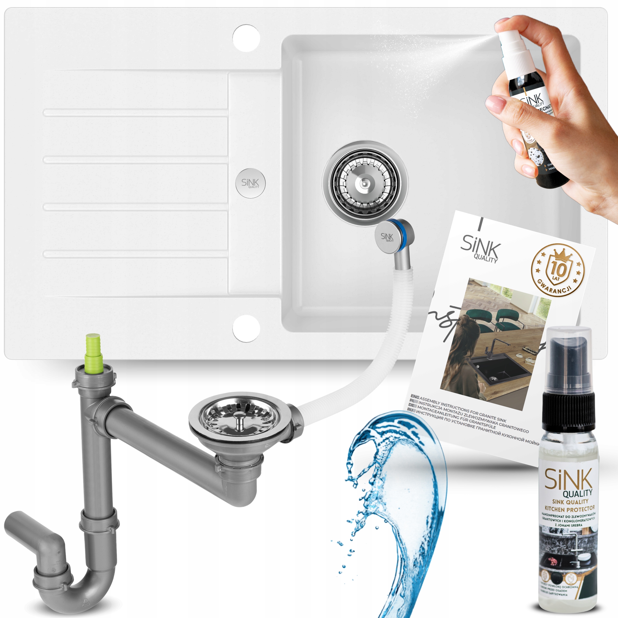 Dřez Granitový dřez bílý Jednokomorový S Odkapávačem sifon