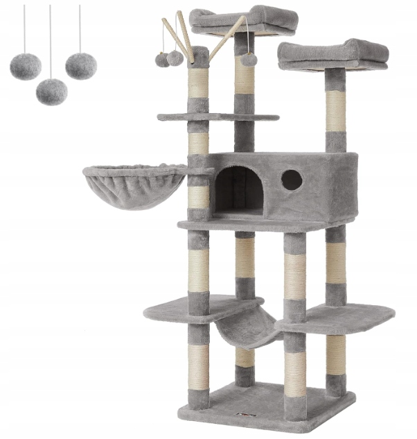 Drapak dla kota 164 cm z platformami jaskinią koszem hamakiem szary