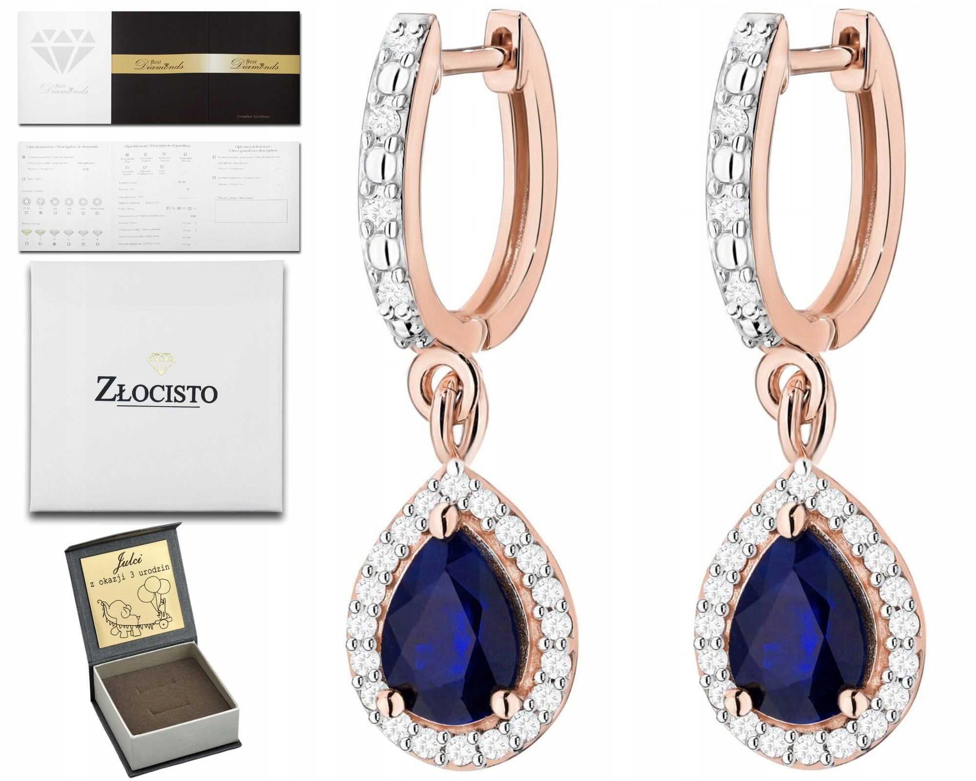 Náušnice Z Růžového Zlata, Tmavě Modrý Přírodní Safírový Kámen A Diamanty