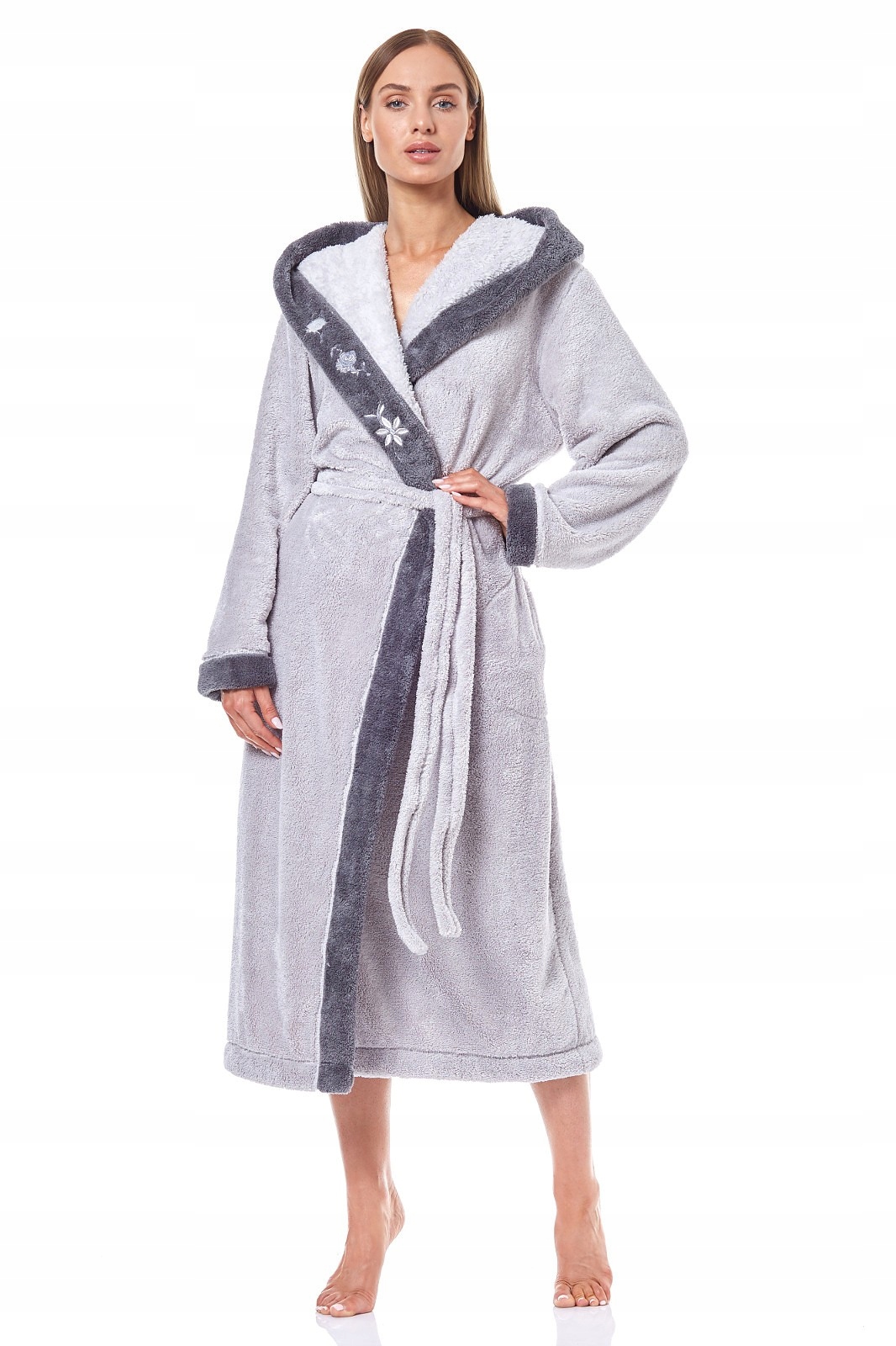 Długi CIEPŁY SZLAFROK DAMSKI SOFT L&L 19145 perła L Kolekcja L&L