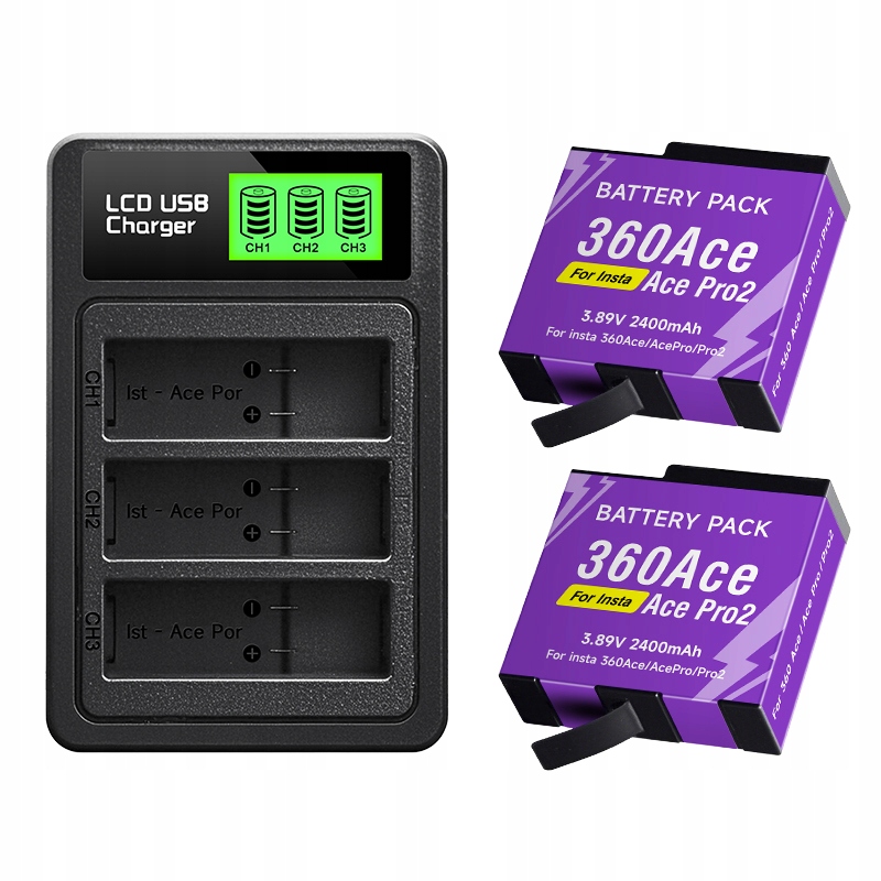 2 ks Baterie 2400mAh pro Insta360 Ace Pro 2 Nabíječka se 3 sloty pro Insta360 Ace Pro