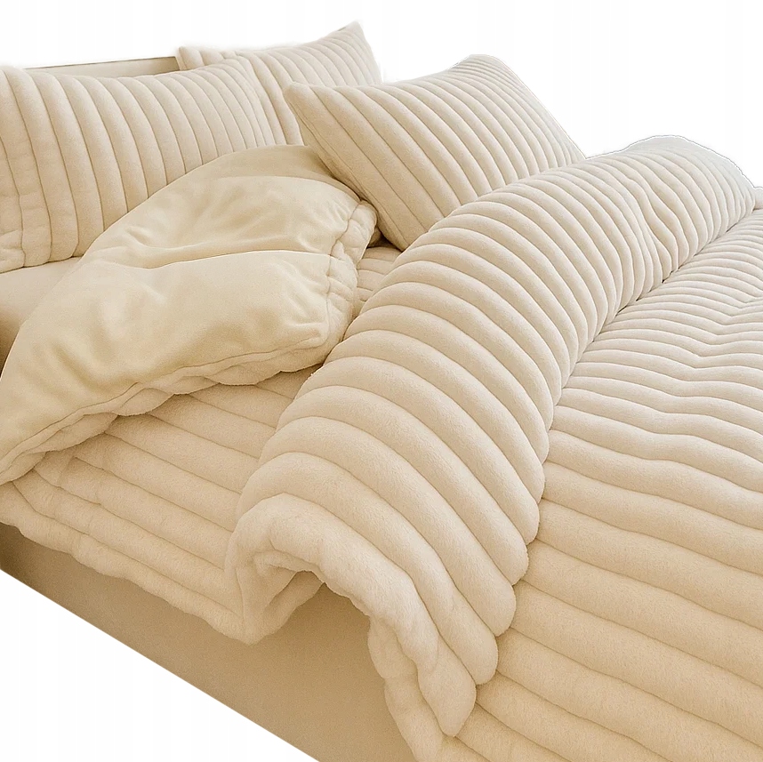 Pościel pluszowa 160x200 w szerokie grube Pasy miś 3D zimowa ciepła ecru