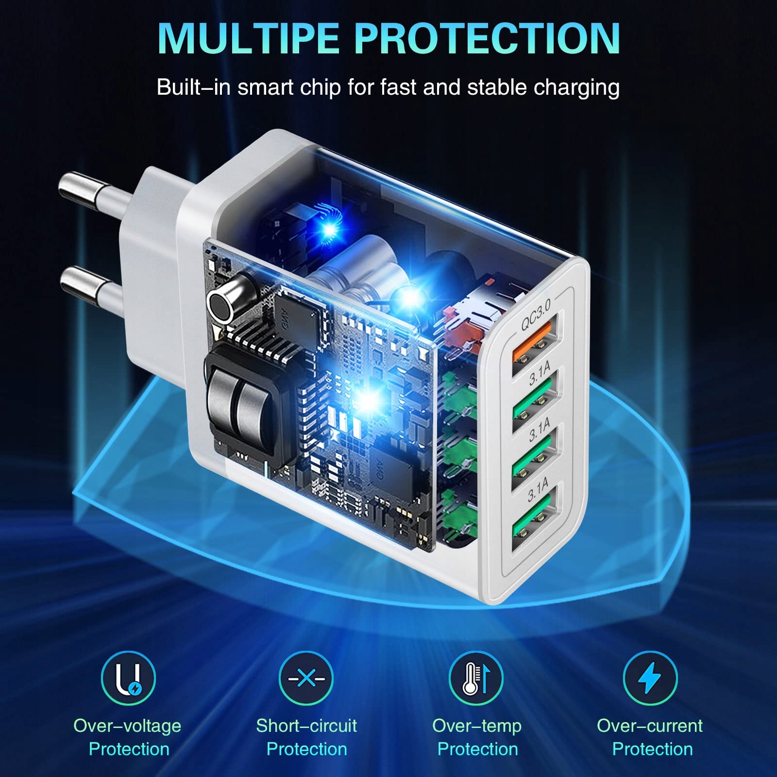 USB ŁADOWARKA 4-Porty 33W QC 30 Szybkie Ładowanie Dla Androida — miniatura 3