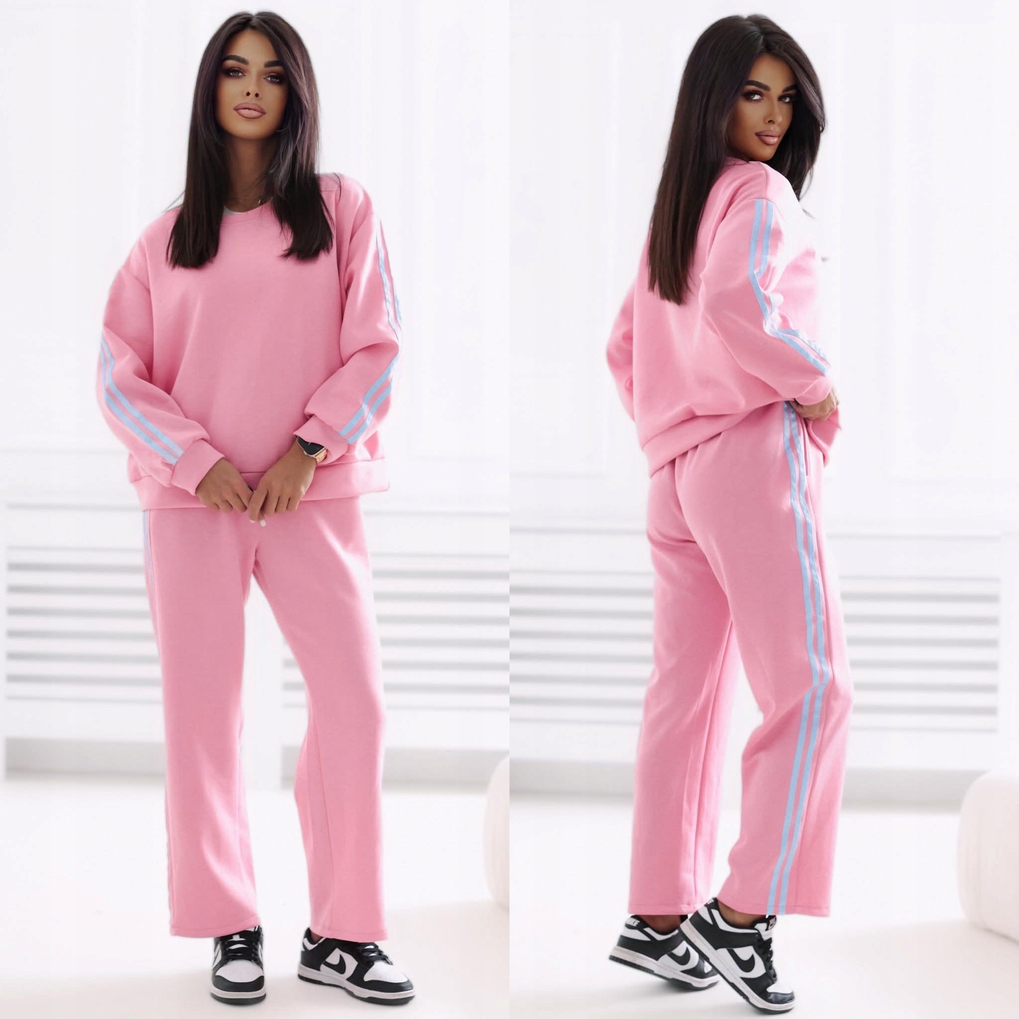 Italský Tepláková Souprava Dámské lampasy Široké kalhoty Pruhy Růže OneSize